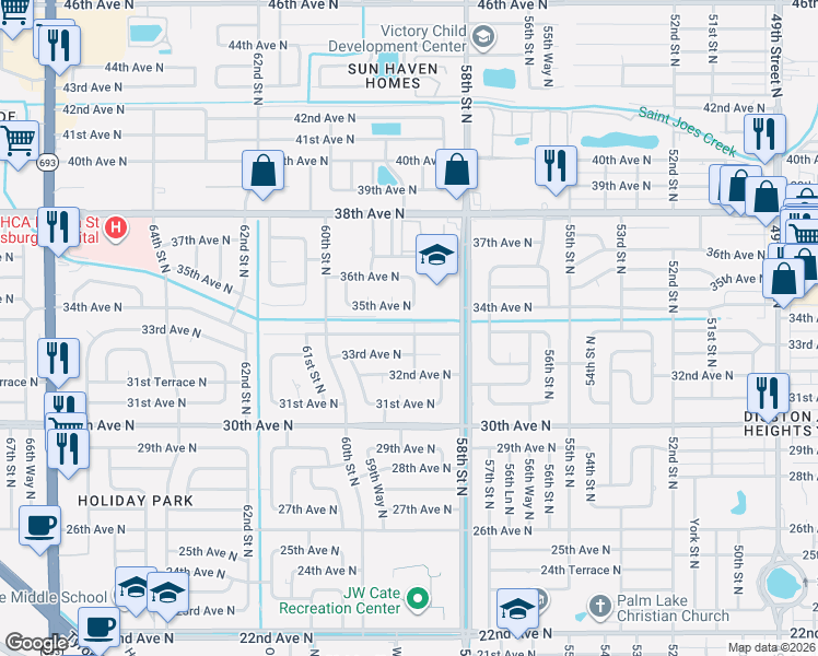 map of restaurants, bars, coffee shops, grocery stores, and more near 5901 34th Avenue North in St. Petersburg