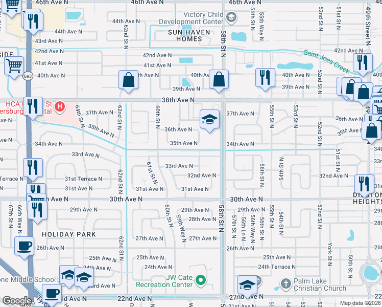 map of restaurants, bars, coffee shops, grocery stores, and more near 5901 34th Avenue North in St. Petersburg