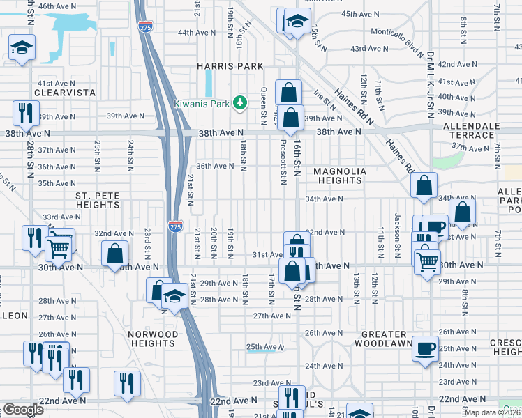 map of restaurants, bars, coffee shops, grocery stores, and more near 3325 Queen Street North in St. Petersburg