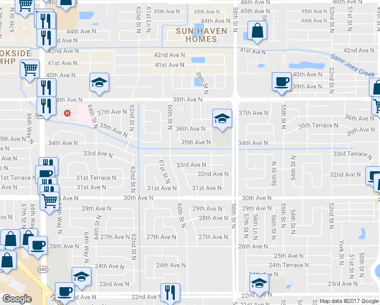 map of restaurants, bars, coffee shops, grocery stores, and more near 5951 34th Avenue North in Saint Petersburg