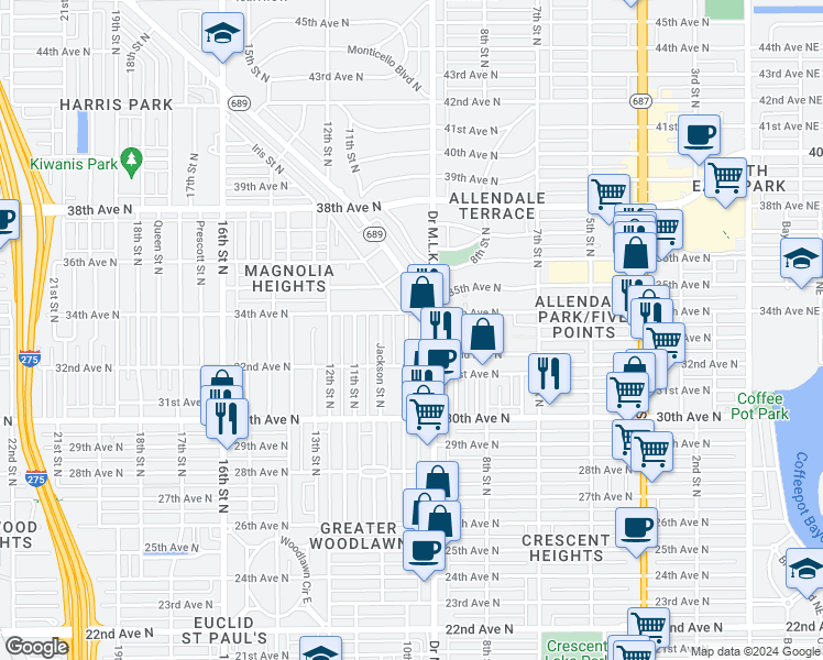 map of restaurants, bars, coffee shops, grocery stores, and more near 3367 10th Street North in Saint Petersburg