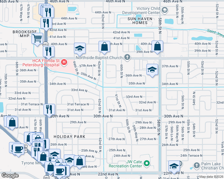 map of restaurants, bars, coffee shops, grocery stores, and more near 6127 34th Avenue North in St. Petersburg