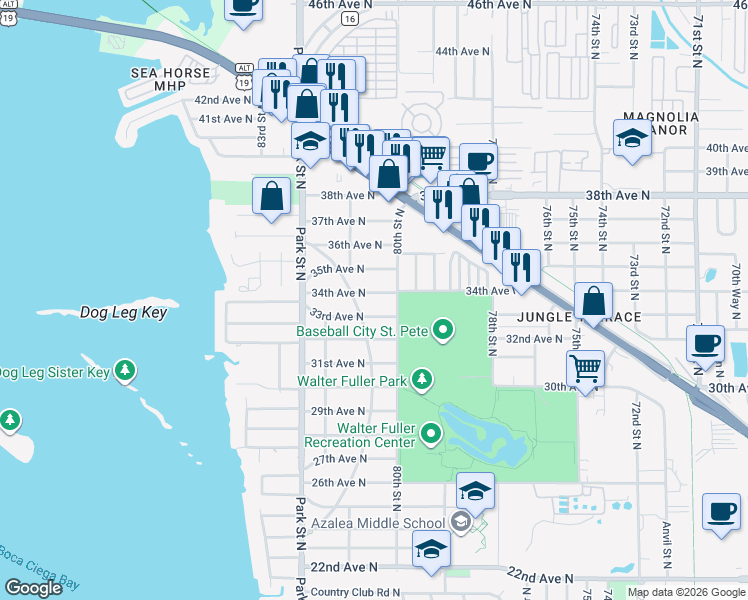 map of restaurants, bars, coffee shops, grocery stores, and more near 8026 34th Avenue North in St. Petersburg