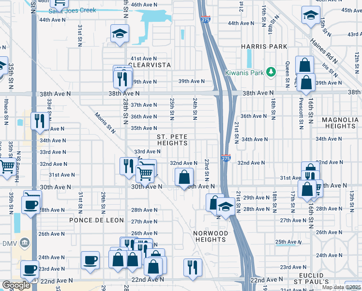 map of restaurants, bars, coffee shops, grocery stores, and more near 3327 25th Street North in St. Petersburg