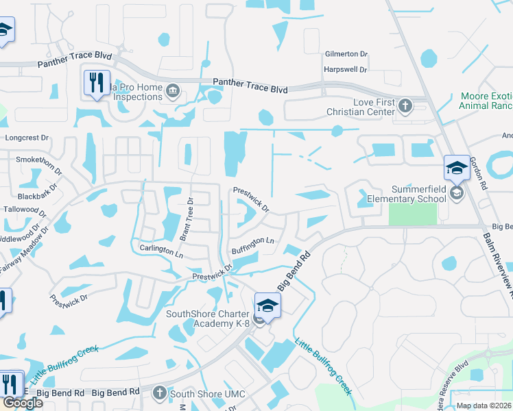 map of restaurants, bars, coffee shops, grocery stores, and more near 12113 Pepper Creek Court in Riverview
