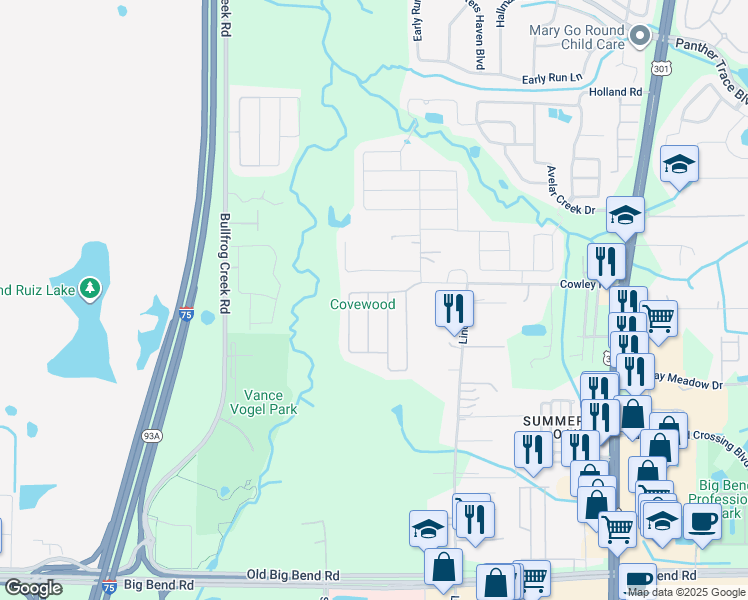 map of restaurants, bars, coffee shops, grocery stores, and more near 12903 Brookcrest Place in Riverview