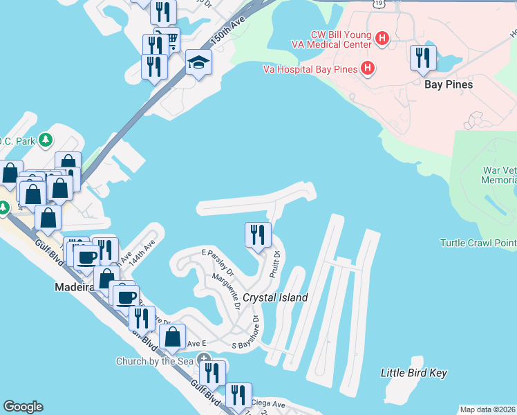 map of restaurants, bars, coffee shops, grocery stores, and more near 845 Bay Point Drive in Madeira Beach