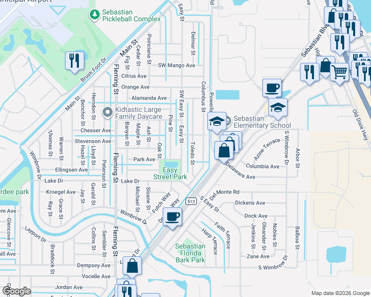 map of restaurants, bars, coffee shops, grocery stores, and more near 438 Easy Street in Sebastian