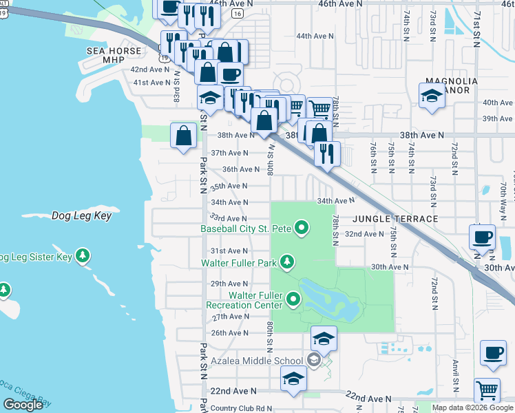 map of restaurants, bars, coffee shops, grocery stores, and more near 8026 34th Avenue North in Saint Petersburg