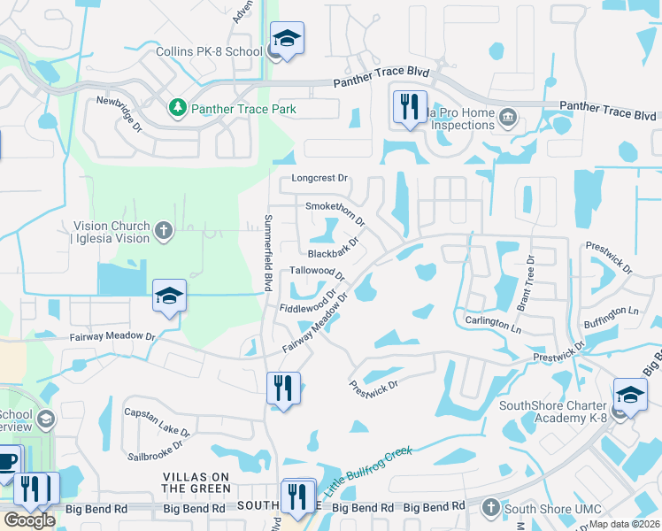 map of restaurants, bars, coffee shops, grocery stores, and more near 12811 Tallowood Drive in Riverview