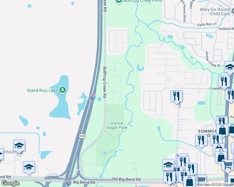 map of restaurants, bars, coffee shops, grocery stores, and more near 12871 Buffalo Run Drive in Gibsonton