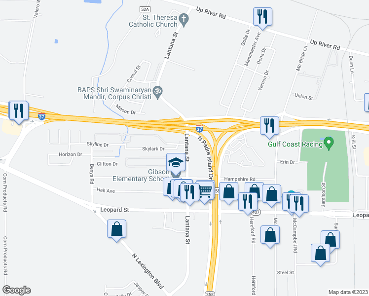 map of restaurants, bars, coffee shops, grocery stores, and more near 833 Lantana Street in Corpus Christi