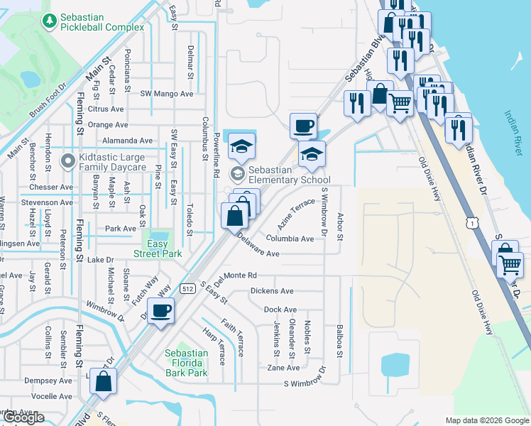 map of restaurants, bars, coffee shops, grocery stores, and more near 461 Georgia Boulevard in Sebastian
