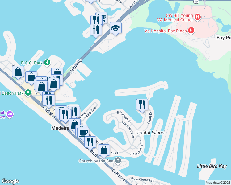 map of restaurants, bars, coffee shops, grocery stores, and more near 800 Bay Point Drive in Madeira Beach