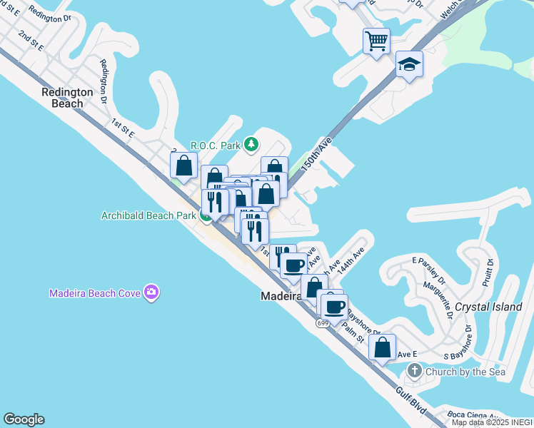 map of restaurants, bars, coffee shops, grocery stores, and more near 207 150th Ave in Madeira Beach