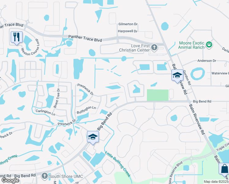 map of restaurants, bars, coffee shops, grocery stores, and more near 13516 Prestwick Drive in Riverview