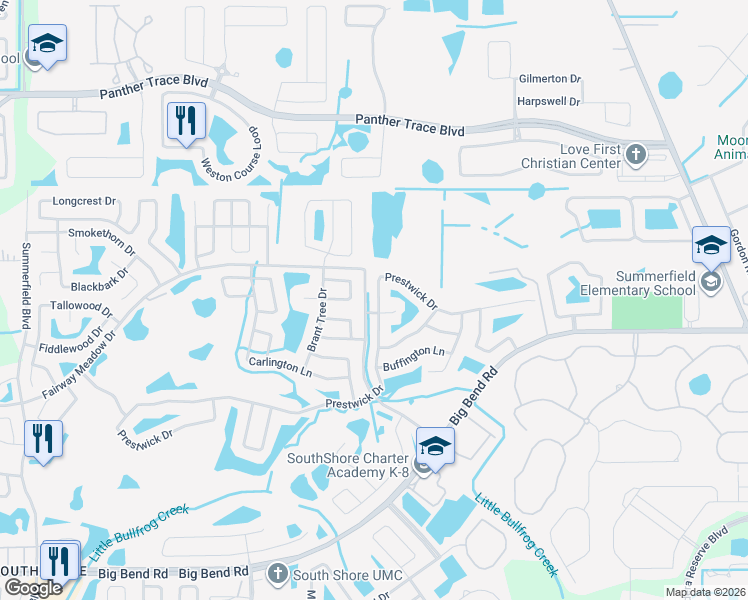 map of restaurants, bars, coffee shops, grocery stores, and more near 13306 Prestwick Drive in Riverview