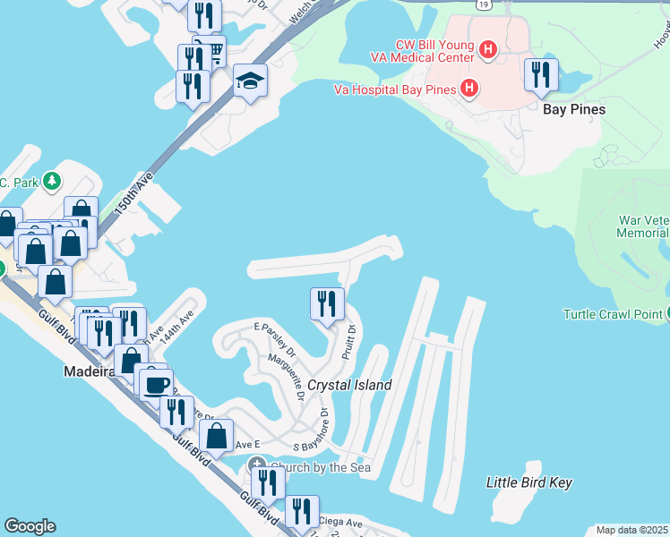 map of restaurants, bars, coffee shops, grocery stores, and more near 845 Bay Point Drive in Madeira Beach