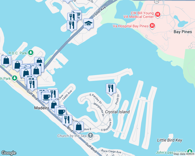 map of restaurants, bars, coffee shops, grocery stores, and more near 814 Bay Point Drive in Madeira Beach