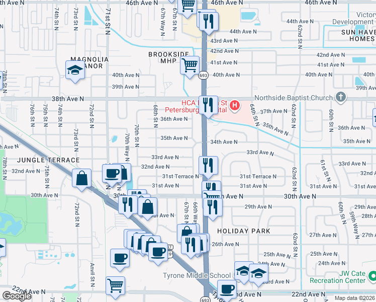 map of restaurants, bars, coffee shops, grocery stores, and more near 3399 66th Way North in St. Petersburg