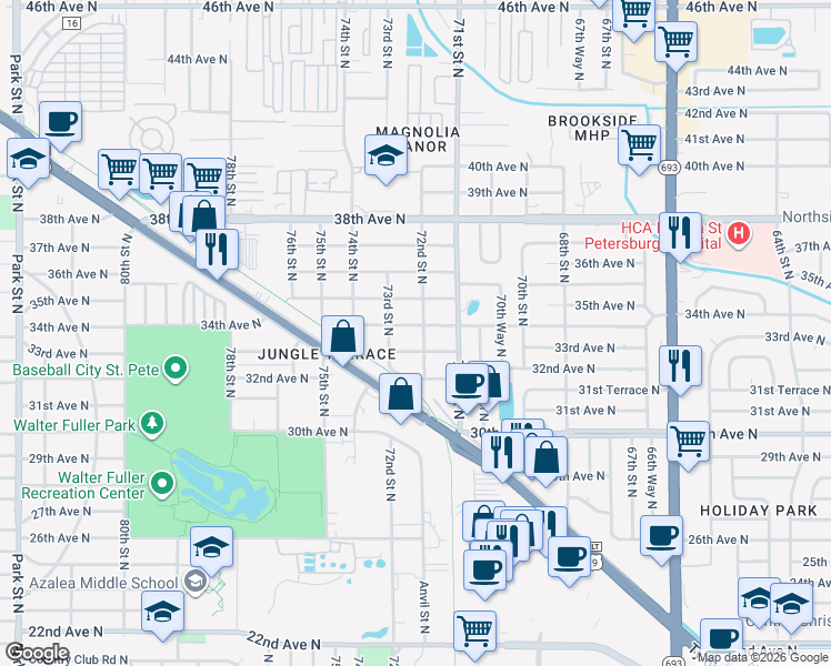 map of restaurants, bars, coffee shops, grocery stores, and more near 7210 34th Ave N in St Petersburg