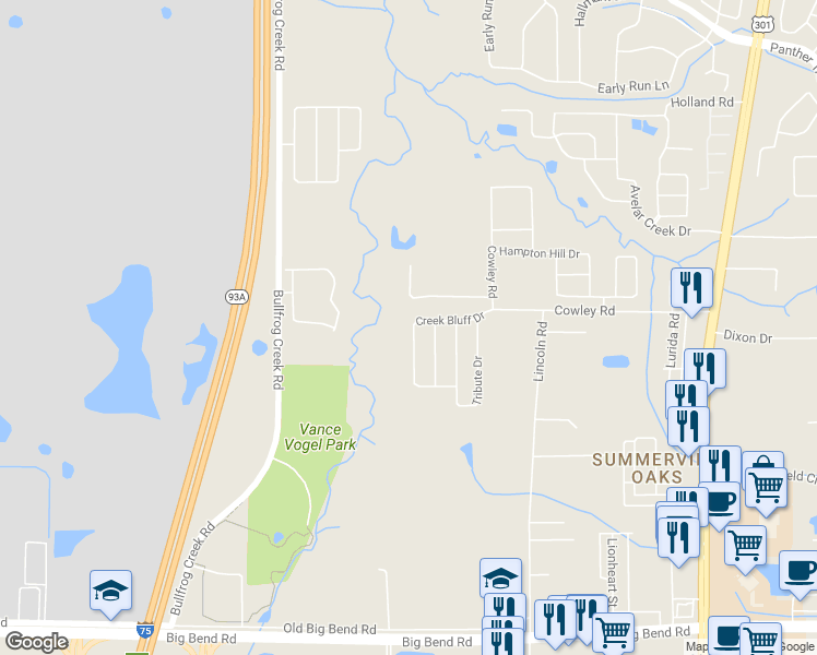 map of restaurants, bars, coffee shops, grocery stores, and more near 10052 Creek Bluff Drive in Riverview