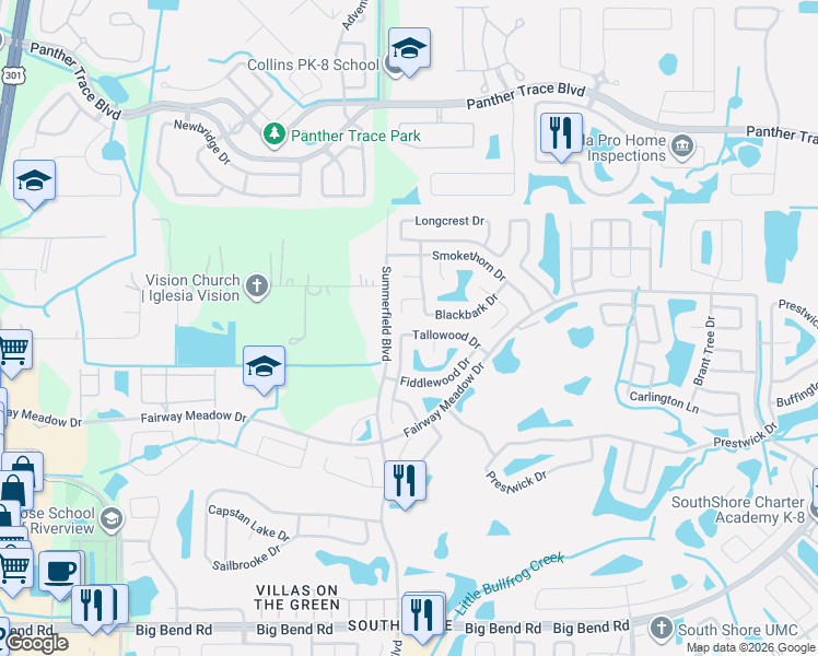 map of restaurants, bars, coffee shops, grocery stores, and more near 12827 Tallowood Drive in Riverview