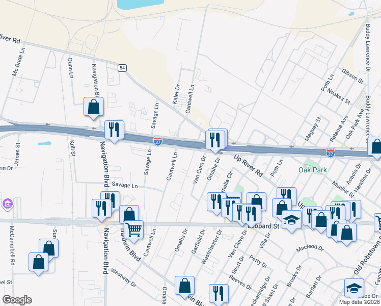 map of restaurants, bars, coffee shops, grocery stores, and more near 945 Louis Lynch Drive in Corpus Christi
