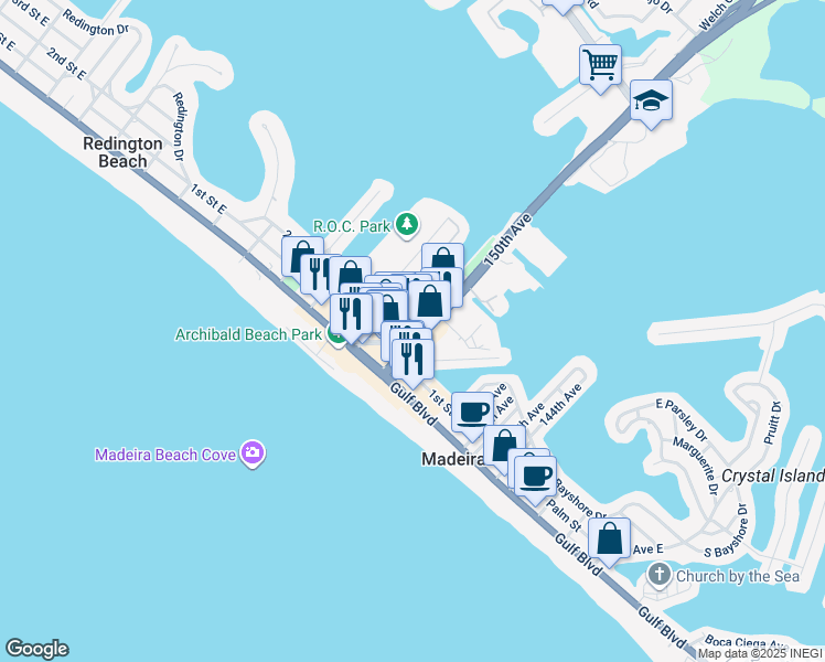 map of restaurants, bars, coffee shops, grocery stores, and more near 200 150th Avenue in Madeira Beach