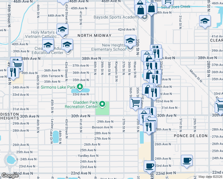 map of restaurants, bars, coffee shops, grocery stores, and more near 3326 38th Street North in St. Petersburg