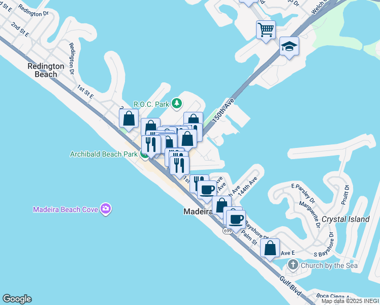 map of restaurants, bars, coffee shops, grocery stores, and more near 207 150th Ave in Madeira Beach