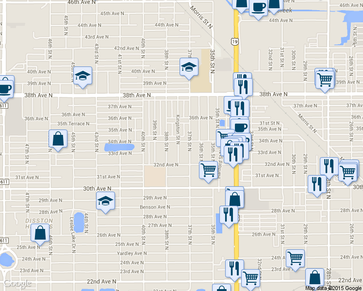 map of restaurants, bars, coffee shops, grocery stores, and more near 3335 Kingston Street North in St. Petersburg