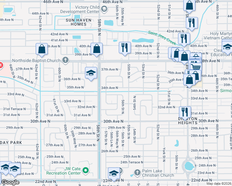 map of restaurants, bars, coffee shops, grocery stores, and more near 5633 33rd Avenue North in St. Petersburg