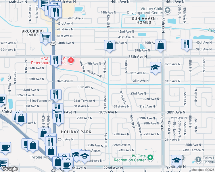map of restaurants, bars, coffee shops, grocery stores, and more near 6187 34th Avenue North in St. Petersburg
