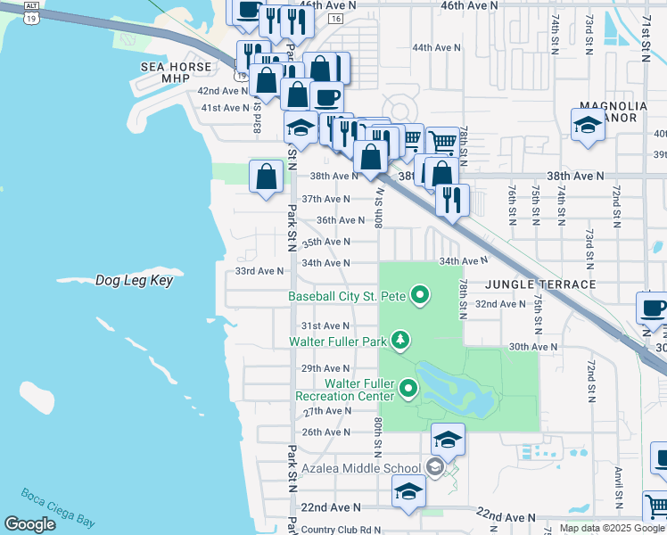 map of restaurants, bars, coffee shops, grocery stores, and more near 8054 34th Avenue North in St. Petersburg