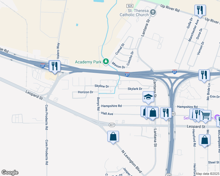 map of restaurants, bars, coffee shops, grocery stores, and more near 5876 Horizon Drive in Corpus Christi