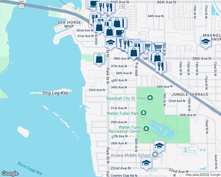 map of restaurants, bars, coffee shops, grocery stores, and more near 3315 Park Street North in St. Petersburg