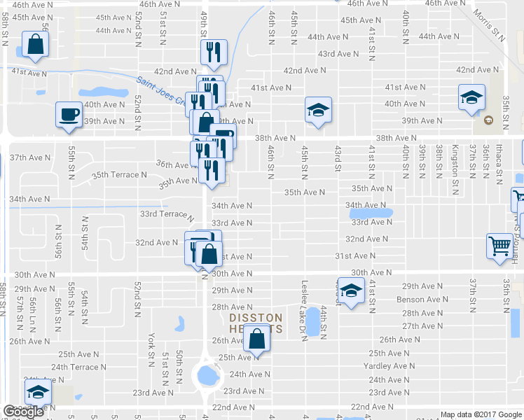 map of restaurants, bars, coffee shops, grocery stores, and more near 4620 34th Ave N in St Petersburg