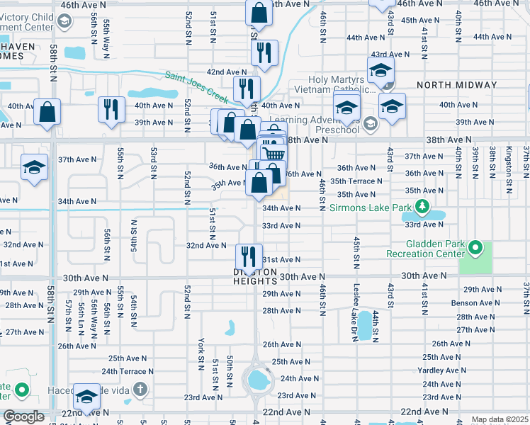 map of restaurants, bars, coffee shops, grocery stores, and more near 4838 34th Avenue North in St. Petersburg