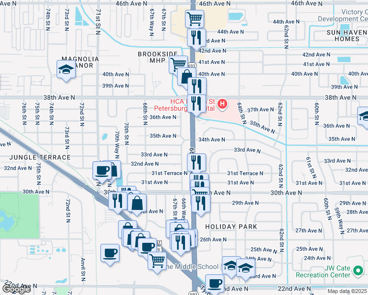 map of restaurants, bars, coffee shops, grocery stores, and more near 3399 66th Way North in St. Petersburg