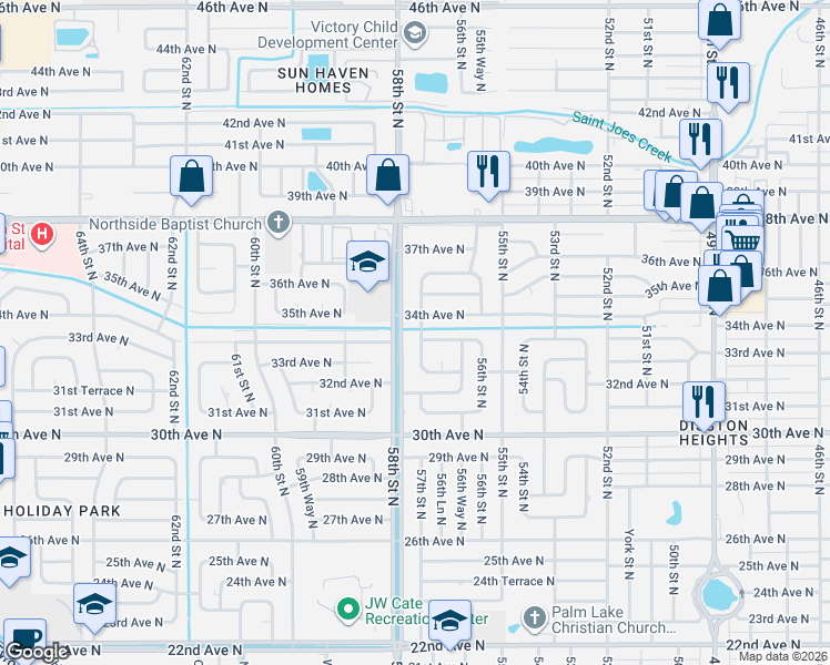 map of restaurants, bars, coffee shops, grocery stores, and more near 3346 57th St N in St Petersburg