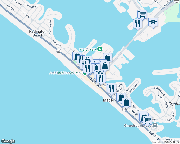 map of restaurants, bars, coffee shops, grocery stores, and more near 15129 Madeira Way in Madeira Beach