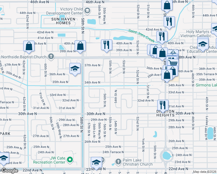map of restaurants, bars, coffee shops, grocery stores, and more near 3360 55th Street North in St. Petersburg