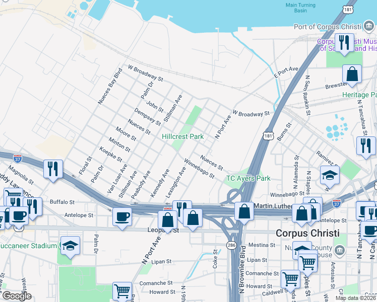 map of restaurants, bars, coffee shops, grocery stores, and more near 1717 Lexington Ave in Corpus Christi