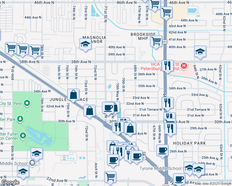map of restaurants, bars, coffee shops, grocery stores, and more near 3396 70th Way North in St. Petersburg