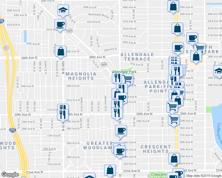 map of restaurants, bars, coffee shops, grocery stores, and more near 3326 10th Street North in Saint Petersburg