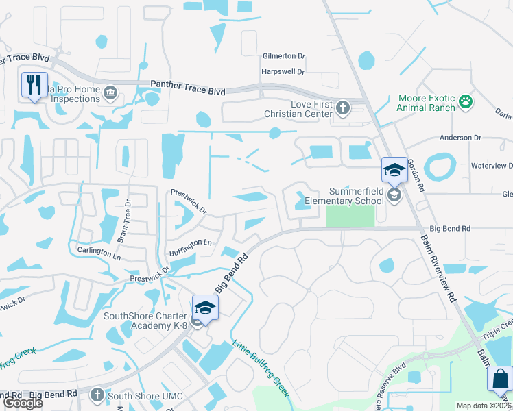 map of restaurants, bars, coffee shops, grocery stores, and more near 13518 Prestwick Drive in Riverview