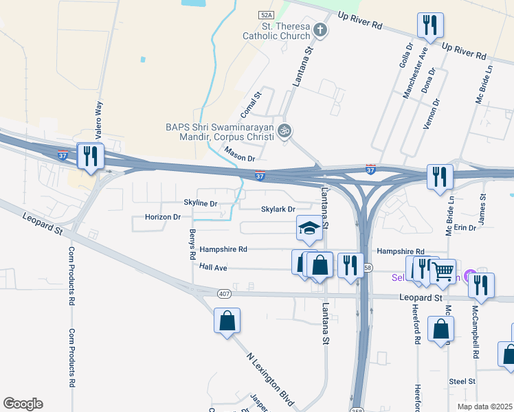 map of restaurants, bars, coffee shops, grocery stores, and more near 5818 Skylark Drive in Corpus Christi