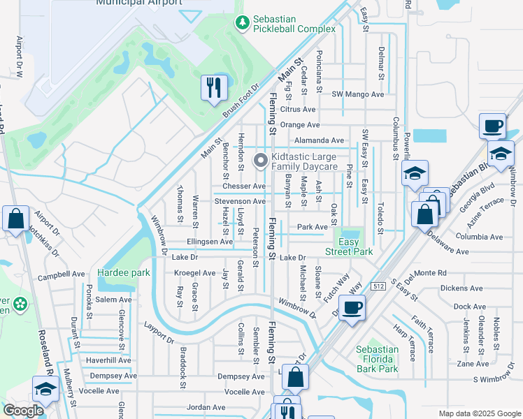 map of restaurants, bars, coffee shops, grocery stores, and more near 409 Peterson Street in Sebastian