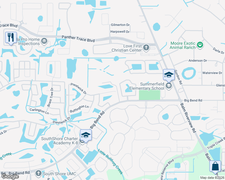 map of restaurants, bars, coffee shops, grocery stores, and more near 13518 Prestwick Drive in Riverview